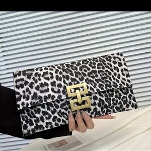 Leopard Print Clutch Bag - Black and White